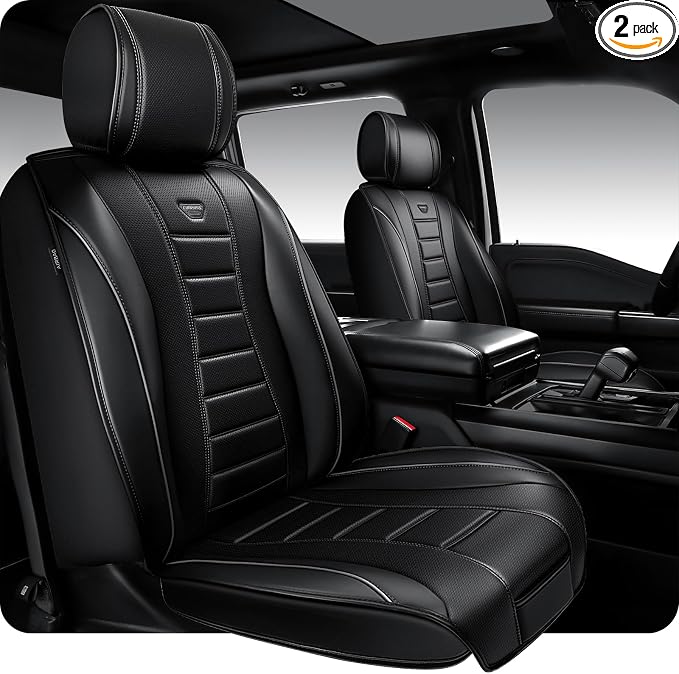 CAR PASS Nappa Leather Seat Covers 2, Waterproof Universal FIT Piping Leather Car seat Covers Front Seats, 3D Foam Front Seat Cover for Cars,SUV,Trucks Airbag Compatible Luxury&Comfort&Durable Black