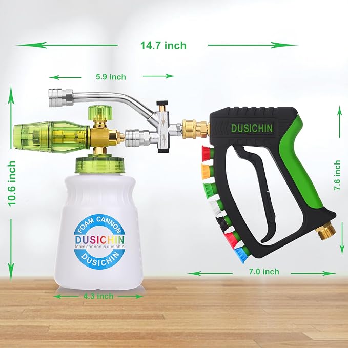 DUSICHIN Foam Cannon Pressure Washer Gun Kit 4000 PSI Double Tip Attachment, Dual-Connector Accessory Soap Cannon,Car Wash Foam Gun Snow Foam Lance 1/4 Inch Quick Connector,7 Sprayer Nozzles DUS2904
