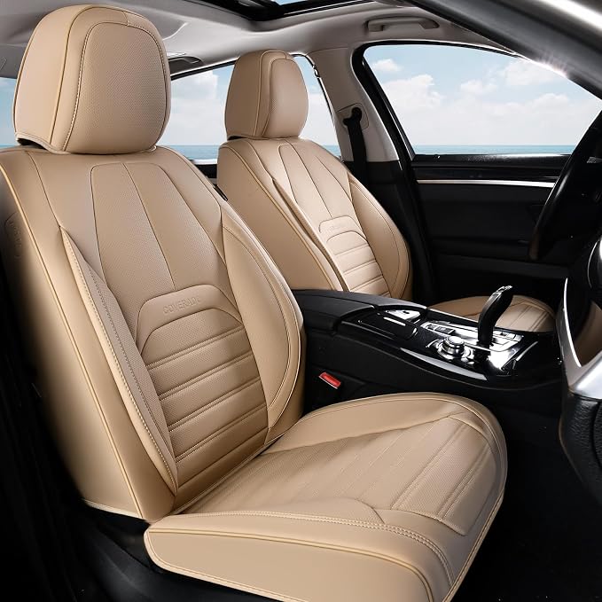 Car Seat Covers Full Set, Beige Seat Covers for Cars, Automotive Seat Covers, Waterproof Nappa Leather Front Seats and Back Car Seat Protector, Universal Fit for Most Cars SUV Trucks