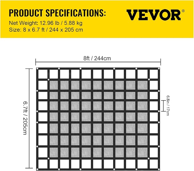 VEVOR Cargo Net with Mesh, 8' x 6.7' Cargo Net for Pickup Truck Bed, Heavy Duty Cargo Nets with Cam Buckles & S-Hooks & Cross Strap, Truck Bed Cargo Net for Trailer SUV Jeeps(96" x 80")