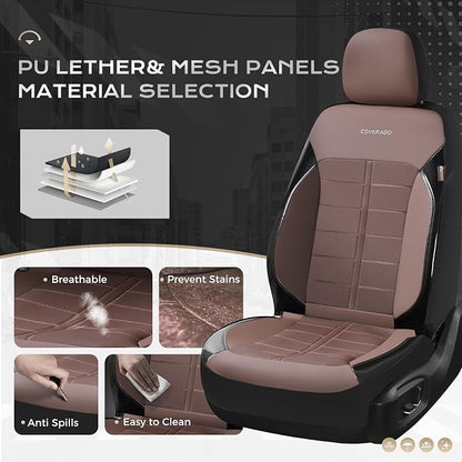 Coverado Full Set Leather Car Seat Covers, Crafted with Full Leather Construction and Carbon Fibre Weave Universal Fit for Most Cars SUV Trucks(Coffee