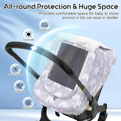 Car Seat Cover Baby, Mink Dot Infant Car Seat Cover for Outdoor, Breathable Carseat Cover with Mesh Peep Window & Sun Shade, Easy Access Baby Carrier Canopy Snug Fit Stroller