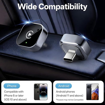 USB C Wireless CarPlay & Android Auto Adapter, Wired to Wireless Dongle | Plug & Play Compatible with iPhone & Android Smartphones.