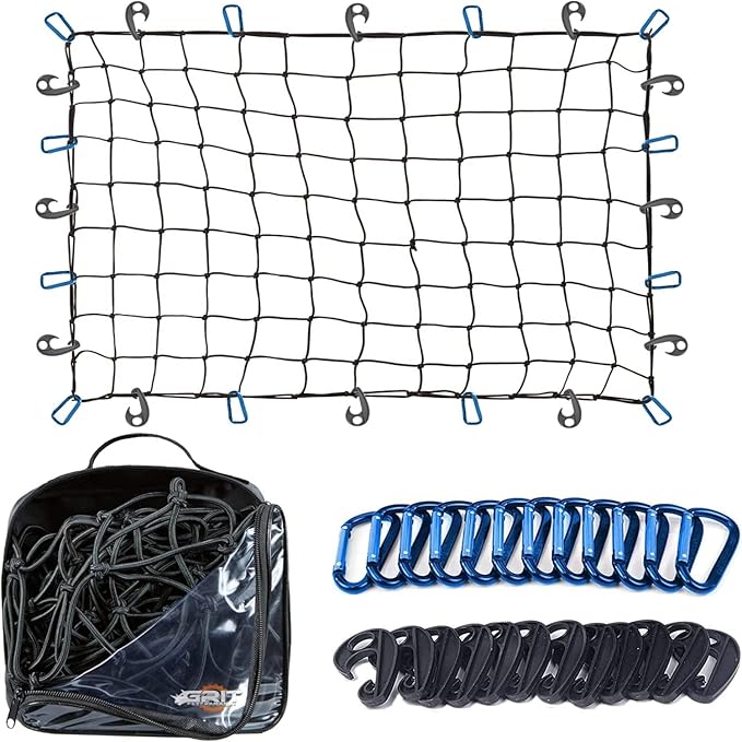 Truck Bed Cargo Net – 3 x 4 Foot, Heavy-Duty Elastic Mesh with 12 Hooks and 12 Blue Clips and Storage Bag for Pickup for Cargo Netting, Securing Loads in Trailers, SUVs & Roof Racks