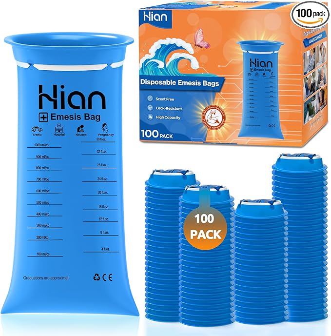 Hion Vomit Bags Disposable – 100 Pack 1000ml Emesis Bags – Leak Resistant, Medical Grade, Portable – Perfect for Motion, Car & Aircraft Sickness, Pregnant Women