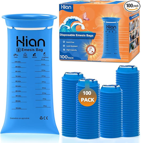 Hion Vomit Bags Disposable – 100 Pack 1000ml Emesis Bags – Leak Resistant, Medical Grade, Portable – Perfect for Motion, Car & Aircraft Sickness, Pregnant Women