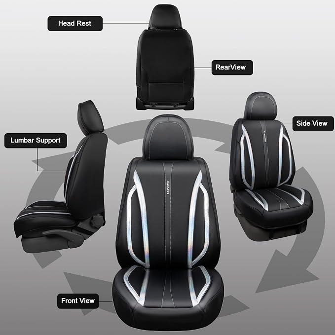 CAR PASS Nappa Leather Holographic Laser Car Seat Covers Front Seats Only Cushioned, Waterproof Waist Protector Universal fit for SUV Truck Pickup Luxury Stylish Elegant for Women Black Silver Strips