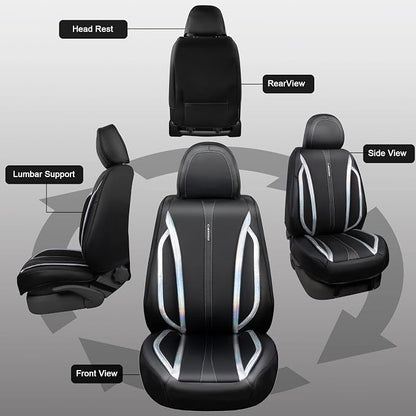 CAR PASS Nappa Leather Holographic Laser Car Seat Covers Front Seats Only Cushioned, Waterproof Waist Protector Universal fit for SUV Truck Pickup Luxury Stylish Elegant for Women Black Silver Strips