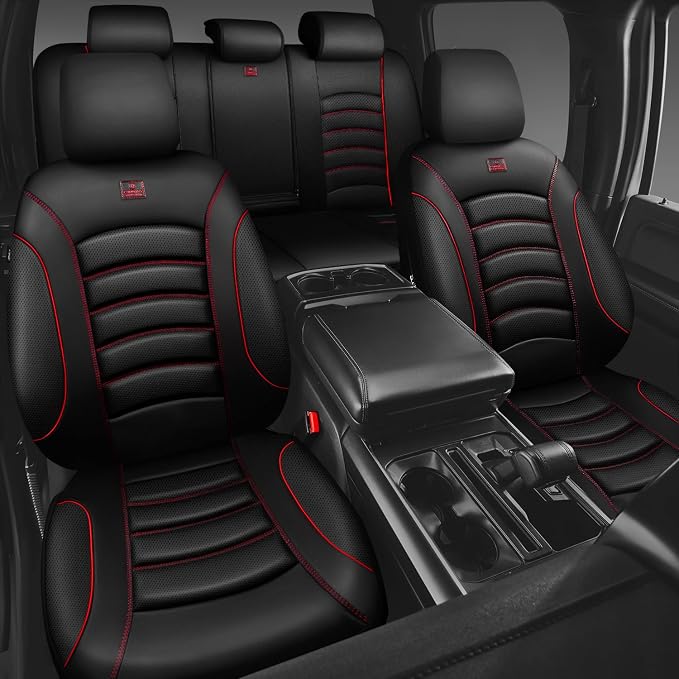 CAR PASS 3D Foam PU Leather Car Seat Covers, Universal Seat Covers Full Sets for Trucks SUV Sedan Automotive Seat Covers Armrest Airbag Compatible Waterproof Comfortable Faux Nappa Leather Black Red