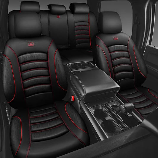 CAR PASS 3D Foam PU Leather Car Seat Covers, Universal Seat Covers Full Sets for Trucks SUV Sedan Automotive Seat Covers Armrest Airbag Compatible Waterproof Comfortable Faux Nappa Leather Black Red