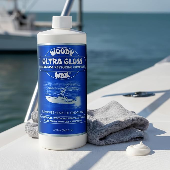Woody Wax Ultra Gloss Restoring Compound, Professional-Grade Fiberglass Restoration & Oxidation Remover for Boats & Yachts, Diminishing Micro-Abrasive Formula for High Gloss Gel Coat Finish, 32 oz