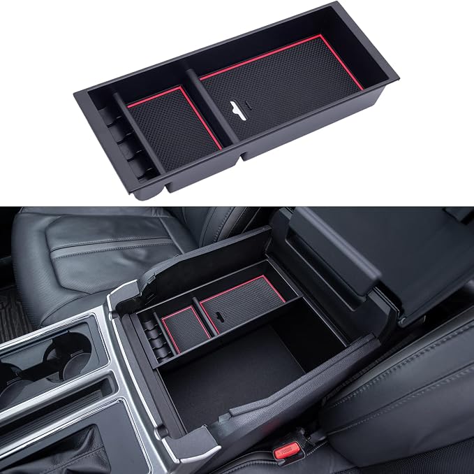 PIMCAR Center Console Organizer Tray for Ford F150 (2015-2020), Super Duty F250/F350/F450 (2017-2022), Expedition (2018-2024),ABS Plastic Single-Piece Design, Fits Factory Tray-Red Trim