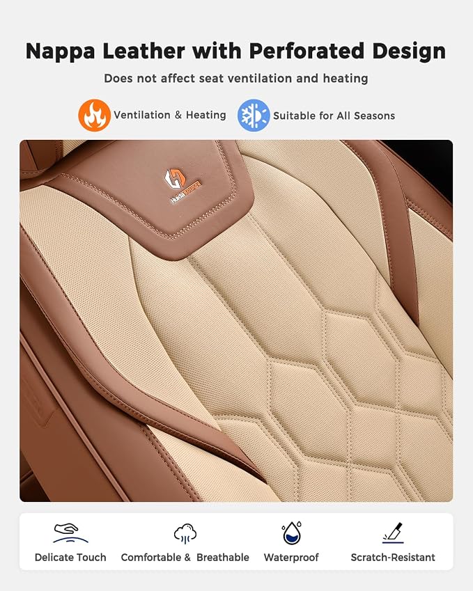 Huidasource Front Seat Covers, Universal Fit for Most Cars SUV Trucks, Full Coverage Leather Seat Cover, Airbag Compatble, Seat Function Retain, Storage Pocket Design, Easy to Install, Brown & Beige