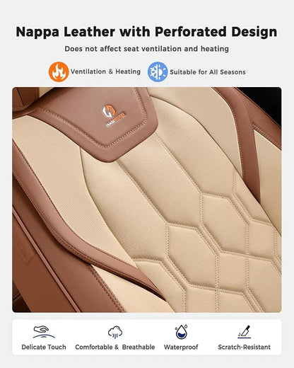 Huidasource Front Seat Covers, Universal Fit for Most Cars SUV Trucks, Full Coverage Leather Seat Cover, Airbag Compatble, Seat Function Retain, Storage Pocket Design, Easy to Install, Brown & Beige