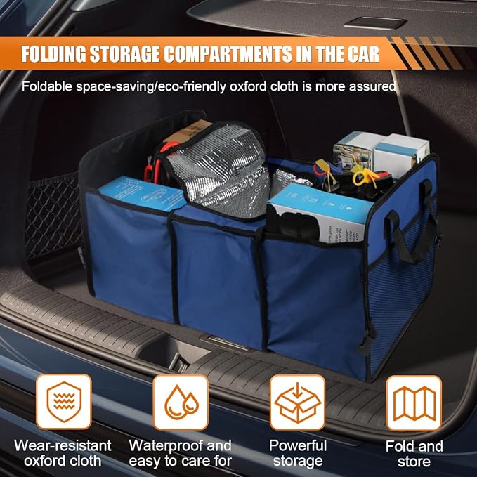 Car Trunk Organizer, Oxford Fabric Waterproof & Anti-Slip Vehicle Storage Box with Leak Proof & Insulated Cooler Bag, Large Capacity Foldable Auto Storage Box for Car, SUV, Truck (Blue)