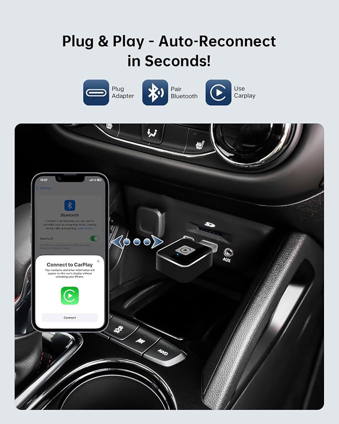 Wireless CarPlay Adapter for iPhone, Converts Factory Wired CarPlay to Wireless, Plug & Play Auto Reconnect, USB-A Dongle + USB-C Adapter, for Cars with OEM Wired CarPlay (iOS 10+, Car Model 2016+)
