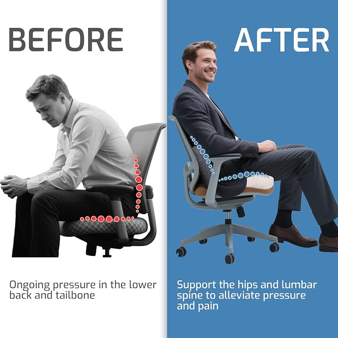 Memory Foam Seat Cushion,Office Chair Cushion with Lumbar Support for Back Pressure Relief, Car Seat Cushion with Adjustable Strap,Sciatica Pad Cushions for Car,Truck, Desk (Black+Grey)