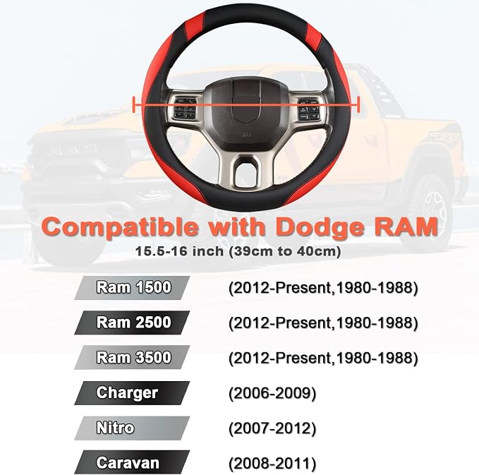 West Llama Customized Auto Car Steering Wheel Cover for Dodge RAM 1500 2500 3500, 15.5-16 inch (Black+Red-Large Size)