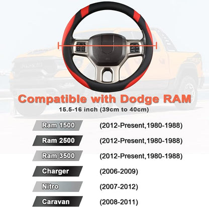 West Llama Customized Auto Car Steering Wheel Cover for Dodge RAM 1500 2500 3500, 15.5-16 inch (Black+Red-Large Size)