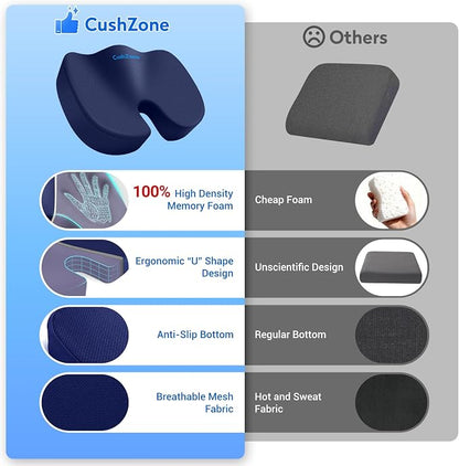 CushZone Seat Cushion, Office Chair Cushions, Car Seat Cushion, Non-Slip Sciatica & Back Coccyx Pain Relief Chair Pad, Memory Foam Pillow for Computer Desk, Wheelchair, Driving Large Size (Blue)