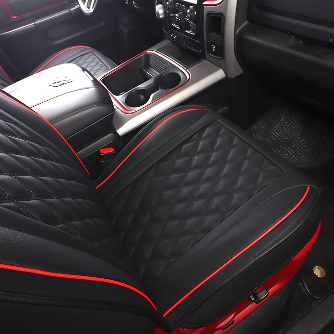 JOJOBAY Car Seat Covers for Dodge Ram,Fit 2009-2025 1500/2500/3500 HD Pick-up Truck,Crew,Regular,Quad,Mega Cab,Waterproof Synthetic Leather Seat Covers(5PCS-Full Set,Black-Red)