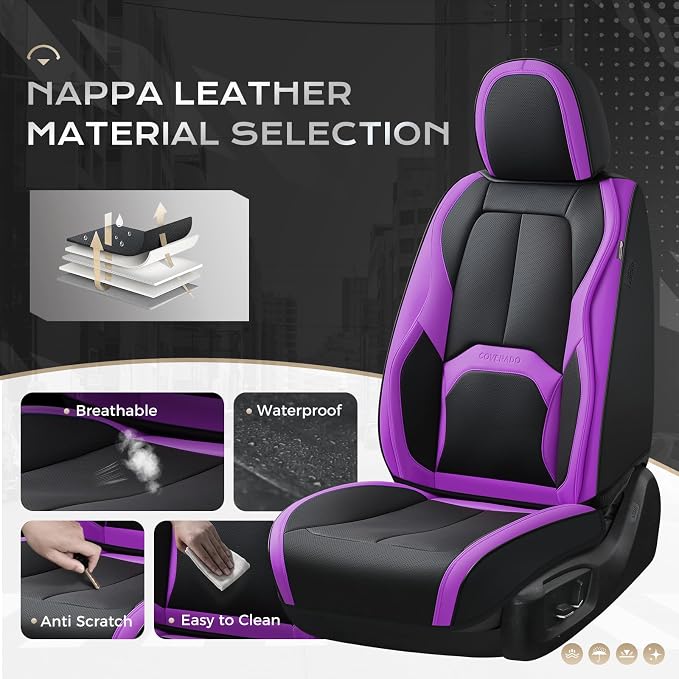Coverado Car Seat Covers Front Seats, 2 Pack Nappa Leather Seat Covers for Cars, Waterproof Car Seat Protector with Lumbar Support, Front Seat Covers Universal Fit for Most Cars (Black&Purple)