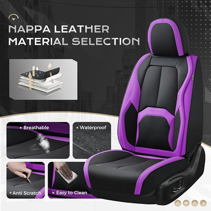 Coverado Car Seat Covers Front Seats, 2 Pack Nappa Leather Seat Covers for Cars, Waterproof Car Seat Protector with Lumbar Support, Front Seat Covers Universal Fit for Most Cars (Black&Purple)