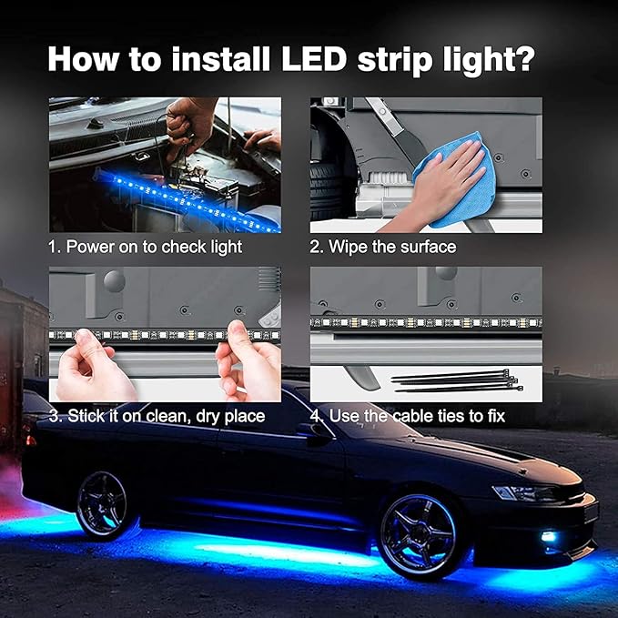 Yielinth Car Underglow Lights, Exterior LED Strip Lights with App and RF Remote Control, 16 Million Colors Underglow Kit for Car, 4 Pieces