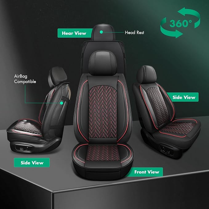SCITOO Universal Front Seat Covers,2PCS Car Seat Covers Waterproof Vehicle Seat Covers Faux Leather Car Seat Cover For Cars SUV Pick-up Truck Sedan Seat Cover Set (Front, Black And Red)