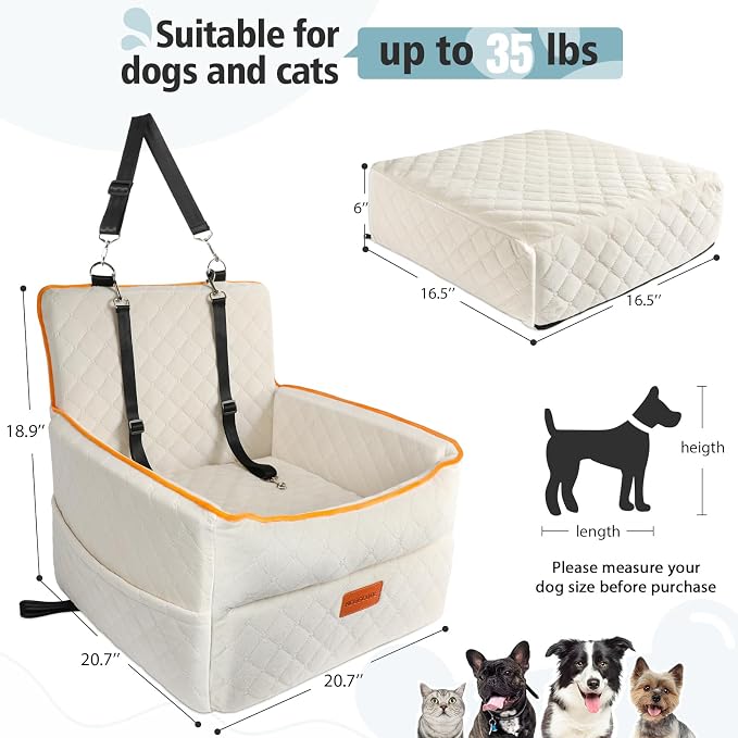 HEGGCOOE Dog Car Seat for Small Medium Dogs, Memory Foam Dog Booster Seats with Thick Cushion for Dogs Under 35lbs, Detachable Washable Pet Car Seat Travel Bed with Storage Pockets,2 Safety Belt