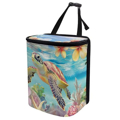 Talayituse Turtle Hibiscus Plumeria Print Car Trash Bin, Large Size Auto Trash Can Adjustable Portable Garbage Can with Lid, Vehicle Hanging Bag for Headrest Front Back Seat