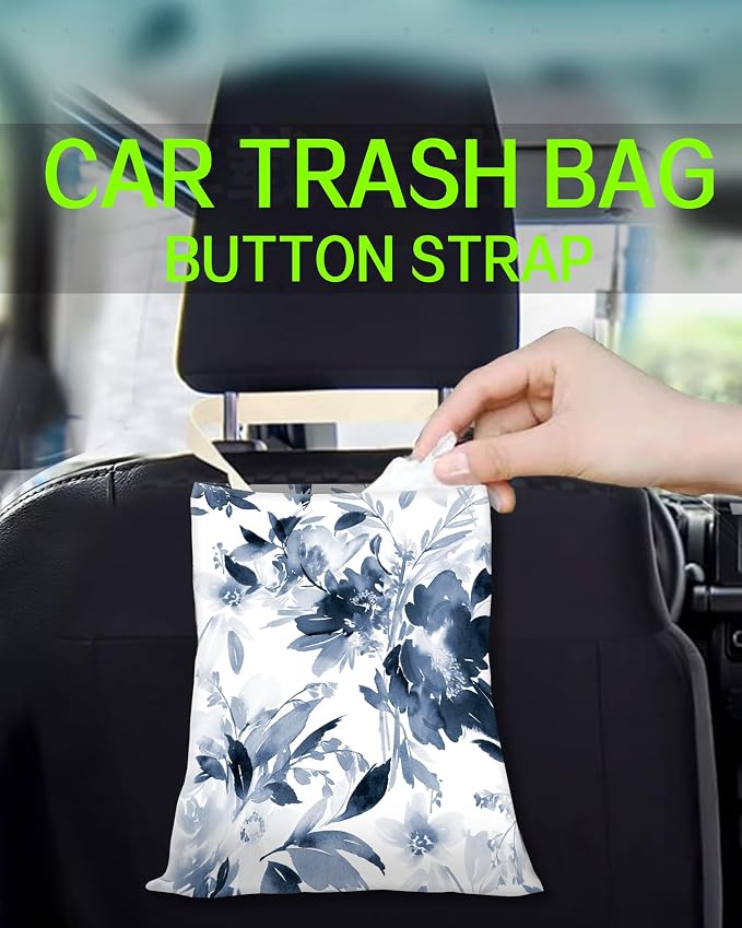 Car Garbage Can, Hanging Car Trash Can Bag for Cute Car Back Seat Organizer, Cute Blue Flowers