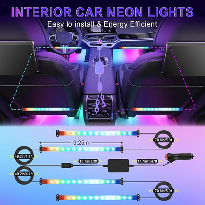 LivTee Accent Interior Car Lights, Smart Car Interior Lights with App Control, RGB LED Lights with Music Mode and DIY Mode, 2 Lines Design LED Lights for Cars with 12V Cigarette Lighter Adapter