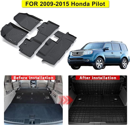 All Weather Floor Mats for Honda Pilot 2009 2010 2011 2012 2013 2014 2015 TPE Rubber Liners Pilot Odorless Anti-Slip 1st & 2nd & 3rd Row Floor Liners - 2nd & 3rd Row Backrest Mats & Cargo Mat Full Set