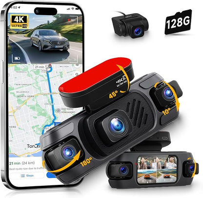 4K 360° Dash Cam 4-Channel Front/Rear/Inside/Side Car Dash Camera with WiFi, APP Control, Built-in GPS,128GB SD Card Included, 8 IR Night Vision, G-Sensor, 24/7 Parking Mode