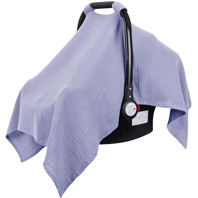 Metplus Muslin Car Seat Cover for Babies, 100% Cotton Breathable Infant Carseat Canopy for Summer, Lightweight Stroller Sunshade Covers for Newborns(Purple)