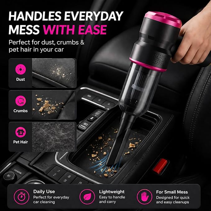 Handheld Car Vacuum Cleaner, 4-in-1 Cordless Rechargeable Mini Vacuum with Air Duster – Quickly Clean Crumbs, Pet Hair & Crevices in Car, Office, Home. Ideal for Commuters & Office Workers (Pink)