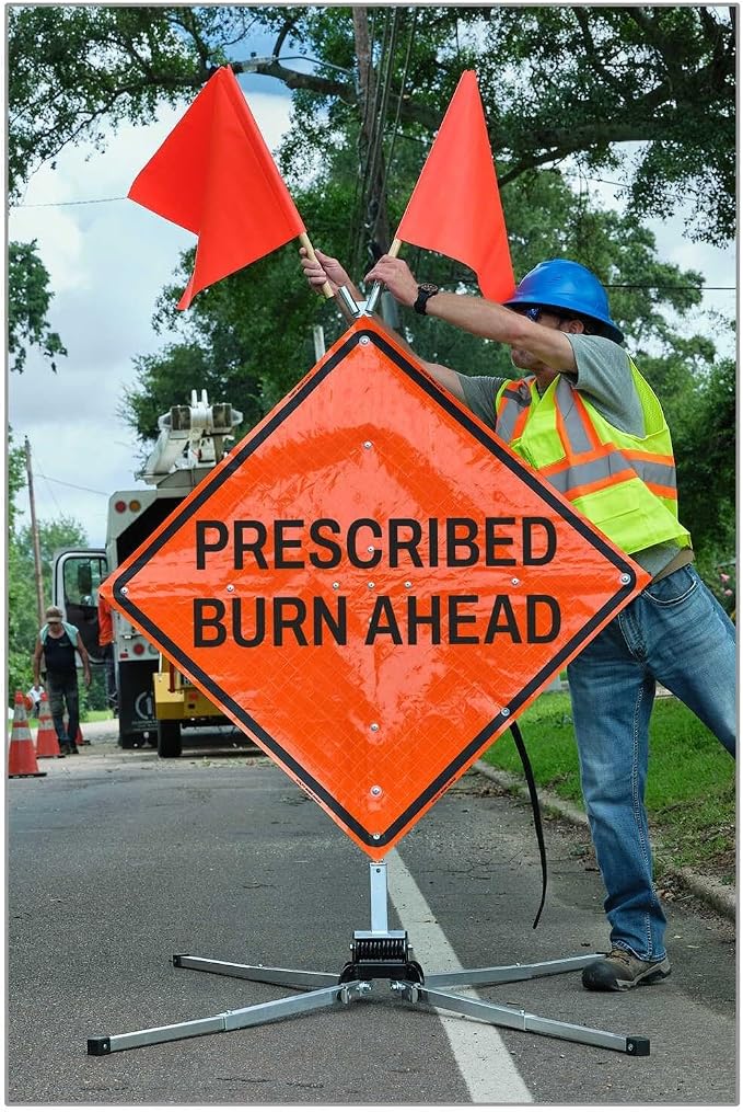 36 Inch "Prescribed Burn Ahead" Fold & Roll Traffic Control Sign Kit – Roll-Up Work Zone Warning Sign with DynaFlex Stand, Stablock Holder & Warning Flags, MUTCD & NCHRP-350 Compliant