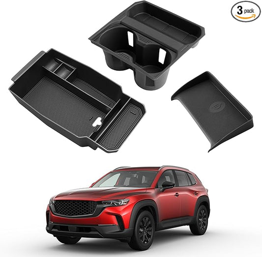 Center Console Organizer Set for 2023-2026 Mazda CX-50-3 Pcs Armrest Box Storage Tray + TPE Center Console Cup Holder Insert + Silicone Wireless Charging Mat for 2023-2026 CX-50 Accessories