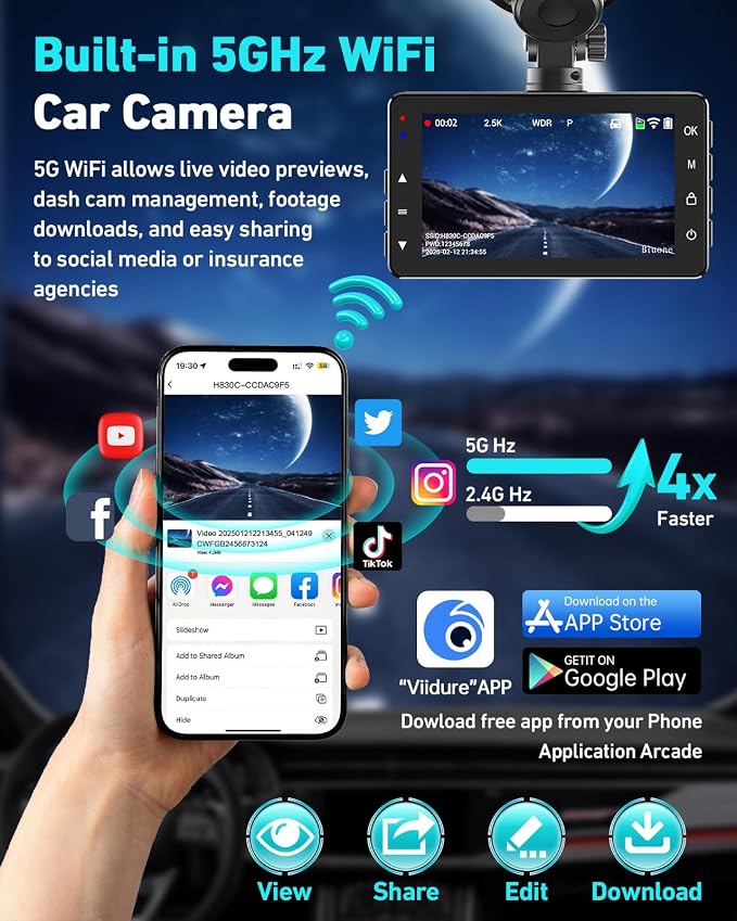 Dash Cam Front and Rear, 2.5K Dual Dash Camera for Cars W/ 64GB Card,3" IPS Screen Dash Cam Built-in 5G WIFI, Car Camera with G-Sensor, Loop Recording, Night Vision, 24H Parking Monitor,170°Wide Angle