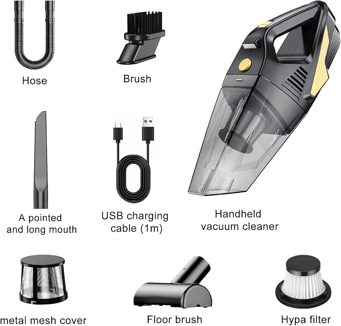 Rechargeable Cordless Handheld Vacuum Cleaner, Lightweight Portable Mini Hand Vac with 16000Pa Suction & LED Light for Car Interior,Home,Pet Hair, Hard-to-Reach Corners Cleaning
