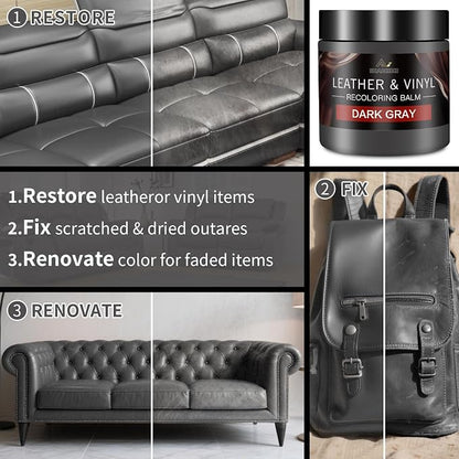 Leather Recoloring Balm with 100ml Mink Oil, Dark Gray Leather Repair Kit and Scratch Remover for Furniture, Car Seats, Sofas, Dye & Restorer for Couches, Vinyl, PU, Faux