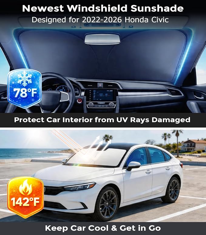 DMJN Front Windshield Sun Shade for Honda Civic (2022-2026), [Nano Ice-Crystal Coatings] UPF50+ Heat & UV Block, Protect Car Interior & Keep Cool, Flodable Steel-Ring Car Cover for Summer
