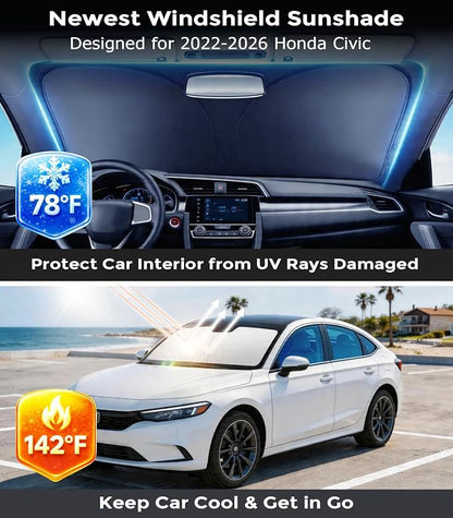 DMJN Front Windshield Sun Shade for Honda Civic (2022-2026), [Nano Ice-Crystal Coatings] UPF50+ Heat & UV Block, Protect Car Interior & Keep Cool, Flodable Steel-Ring Car Cover for Summer