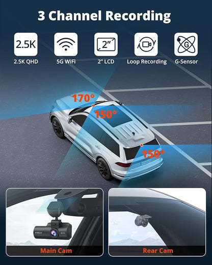 Kingslim 3 Channel 5G WiFi Dash Cam with 64GB Card, 2.5K/1080P Front and Rear Inside Dashcam, 2.5K/1080P/1080P Three Way Dash Camera for Cars Auto IR Night Vision, Loop Recording, APP Control(O3PRO)