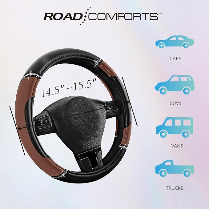Road Comforts Leather Steering Wheel Cover - Made with PVC Leather - Anti-Slip Steering Wheel Cover Universal Fit Most 14 1/2 inches to 15 inches - Brown Color