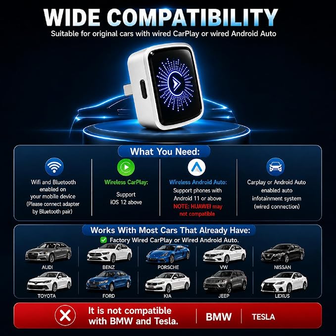 2-in-1 Wireless CarPlay Android Auto Adapter, Wired Car Only, Not BMW Tesla | Plug & Play USB for iPhone & Android, 5GHz WiFi BT5.4, Auto Reconnect, Button Control, Not for BMW Tesla, Modified Head Units