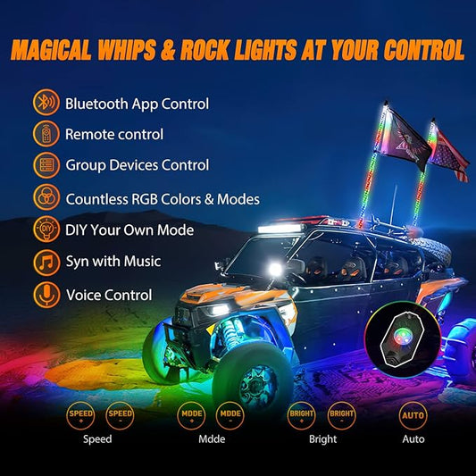Nilight 2PCS 4FT RGB LED Whip Light and 4 PCS Rock Lights Combo, Remote & App Control w/DIY Chasing Patterns Stop Turn Reverse Safety Antenna Lighted Whips for ATV UTV