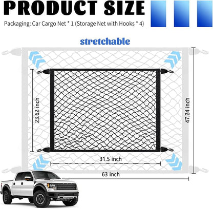 Highly Elastic Cargo Nets for SUV with 4 Hooks,32"x24" Stretch to 63"x47" Truck Cargo Net as Trunk Organizer,Heavy-Duty Truck Bed Cargoes Net for Secure Load Retention