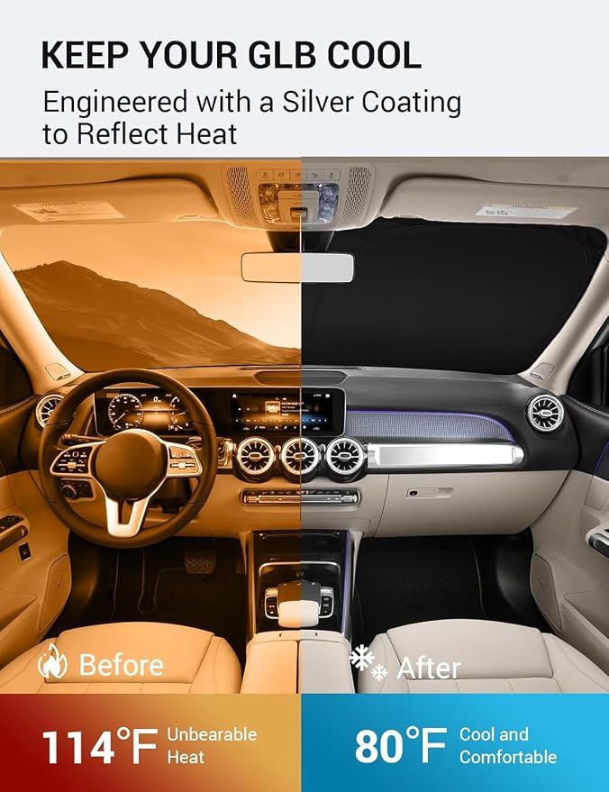 Proadsy 2026 Upgrade Windshield Sun Shade Custom Fit 2020-2025 2026 Mercedes Benz GLB Foldable Front Sunshade Protector Sun Visor Blocks UV Rays Keep Car Cooler